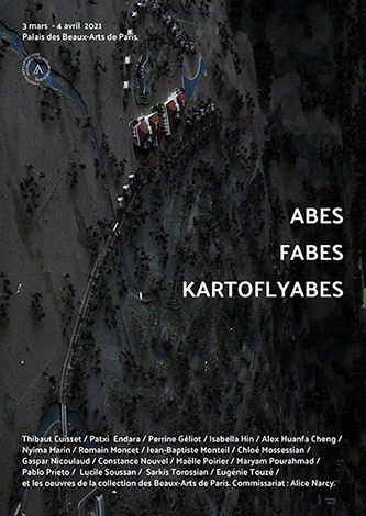 Affiche Abes Fabes Kartoflyabes, exposition du 3 mars au 4 avril 2021. Commissariat : Alice Narcy, commissaire résidente filière « Métiers de l'exposition ».