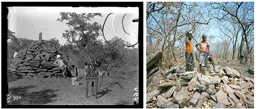 Sammy BALOJI, Kyubo, 1898. Geodetic marker at the Kyubo Falls. François Michel. 2. Lupiri Lua Baluba, 2010. Remnants of a geodetic marker. The marker’s were destroyed by the natives under the pretext that they covered ore treasures hidden by the Belgians. In this image: Mwenze Augustin, (chief Mpanga’s grandson) and Seya Faustin, 2010. Photographies numériques d’archives sur papier mat satiné, 80 X 105 cm - 80 X 80 cm. © Galerie Imane Farès.