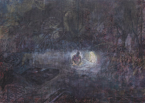 Jan Vičar, La baignade dans la rivière, linogravure, 90 x 120 cm, 2017.