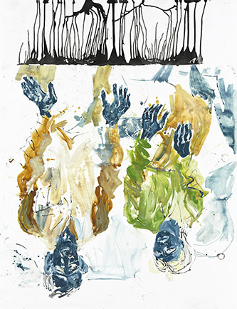 Georg Baselitz, In der Tasse gelesen, das heitere Gelb [Lu dans la tasse, le jaune enjoué], 2010. Huile sur toile, 270 × 207 cm, Collection particulière, Hong Kong. © Georg Baselitz, 2021. Photo Jochen Littkemann, Berlin.