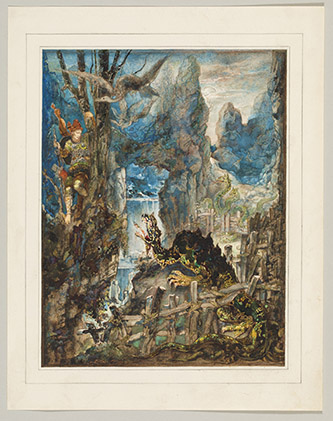 Gustave Moreau (1826-1898), Le Dragon à plusieurs têtes et le Dragon à plusieurs queues, 1880. Aquarelle, dim. 28,4 x 21,9 cm. Collection particulière. © Jean-Yves Lacôte.