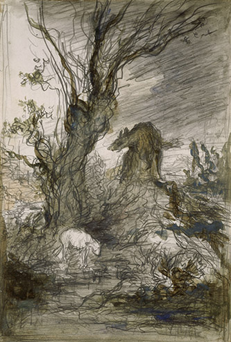 Gustave Moreau, Le Loup et l’Agneau, 1882. Graphite, gouache, aquarelle, dim. 28,5 x 19,5 cm. Paris, musée Gustave Moreau, Cat. 300. © RMN-GP / René-Gabriel Ojéda.