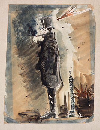 Charles Baudelaire, Autoportrait sous l'influence du haschisch, 1842-1845.  Plume et lavis rehaussés de vermillon. Coll. part.