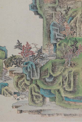 Xiao Yuncong (1596-1669), Paysages (feuille n°7), 1645. Encre et couleurs sur papier, 22,8 x 15,7 cm. Collection Chih Lo Lou. © Musée d’art de Hong Kong.