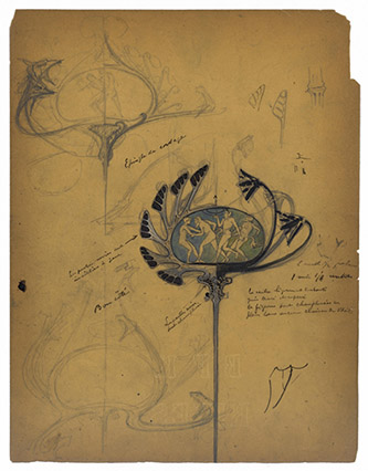 René Lalique, Dessin d'une épingle de corsage [Ménade et Silènes], B F K - Rives, vers 1900, Paris, Fonds Van Cleef & Arpels sur la Culture Joaillière.