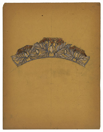 René Lalique, Dessin de diadème [Cotonéaster laiteux], B F K - Rives, vers 1900, Paris, Fonds Van Cleef & Arpels sur la Culture Joaillière.