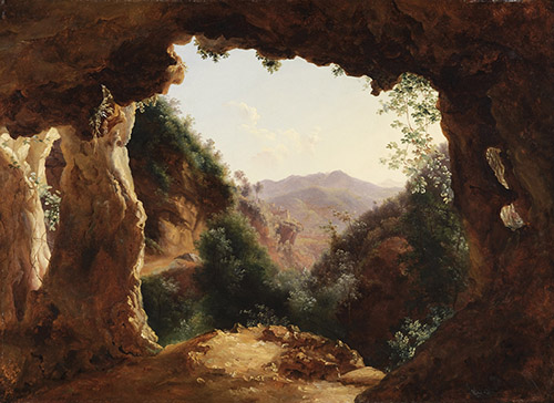 Louise-Joséphine Sarazin de Belmont (Versailles 1790 – 1870 Paris), Grotte dans un paysage rocheux. Huile sur papier, contrecollé sur toile. 42,2 x 57,4 cm. Collection particulière.