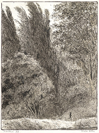 Nicolas Debon, Marathon - Page 99, 2021. Technique mixte sur papier, 30,5 x 23 cm.
