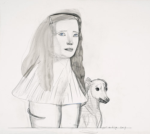 Pat Andrea, Chien et femme, 2017. Technique mixte sur papier, 60 x 70 cm.