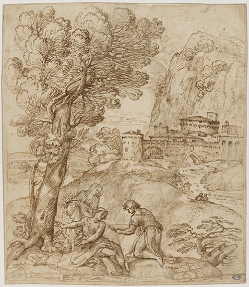 Giovanni Francesco Grimaldi (1606 – 1680), Paysage avec un personnage secouru par deux personnes au pied de l’arbre du premier plan. Plume, encre brune. Provenance : E. Gatteaux ; legs en 1883 aux Beaux-Arts de Paris. © Beaux-Arts de Paris.