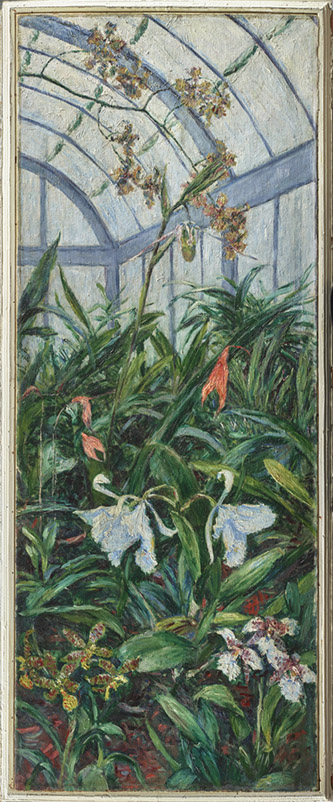Gustave Caillebotte (1848-1894), 4 panneaux de porte : Cattleya et antonium (panneau supérieur droit), 1893. Huile sur toile, 114,2 x 47,5 cm. Paris, Collection particulière. Photo © Thomas Hennocque.