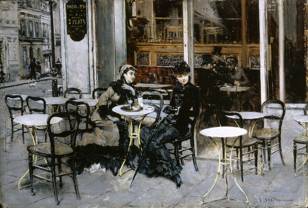 G. Boldini, Conversation au café, 1879, huile sur bois, Collection particulière n° 3 Germana Dini, c/o Francesca Dini, Montecatini Terme.