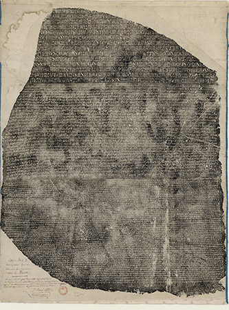 Copie des 3 inscriptions qui se trouvent sur la pierre trouvée à Rosette. Estampage à l’encre noire sur papier. 99 cm x 75 cm. 1799. BnF, département des manuscrits ©BnF.