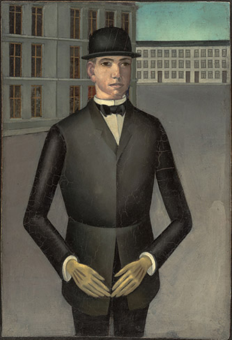 Anton Räderscheidt, Junger Mann mit gelben Handschuhen [Jeune homme avec des gants jaunes], 1921. Huile sur bois, 27 x 18.5 cm. Galerie Berinson, Berlin. © Adagp, Paris, 2022.