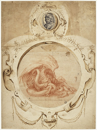 Andrea DEL SARTO (Florence, 1486 – 1530), Dragon dévorant un serpent. Portrait d’Andrea del Sarto gravé sur bois par Cristoforo Coriolano (?), en partie Sanguine. Recoupé et complété afin d’être inscrit dans un cercle et collé en plein sur une feuille de montage Gaddi : encadrement ornemental à la plume, à l’encre brune et au lavis brun. Diamètre 27,5 cm H. 55,7 ; L. 41,2 cm (montage) Paris, musée du Louvre, département des Arts Graphiques © RMN - Grand Palais (Musée du Louvre) / Michel Urtado.