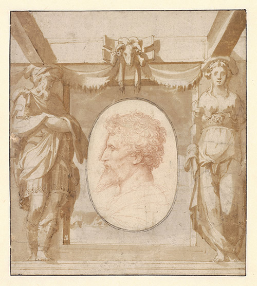 Girolamo Francesco Maria MAZZUOLA, dit PARMIGIANINO (Parme, 1503 – Casalmaggiore, 1540) Attributions modernes : Parmigianino ; Anonyme d’Italie du Nord, 
Portrait de Valerio Belli Vicentino (vers 1468-1586) Sanguine. Encadrement ornemental à la plume, à l’encre brune et au lavis brun, attribué à Giorgio Vasari ou à son atelier, H. 15,8 ; L. 12,7 cm (ovale) H. 27,3 ; L. 24,6 cm (montage). Rotterdam, Museum Boijmans van Beuningen. © Collection Museum Boijmans Van Beuningen, Studio Tromp.