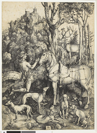 Albrecht Dürer, Saint Eustache, vers 1501. Gravure sur cuivre au burin
Chantilly, musée Condé, EST 235. ©RMN-Grand Palais Domaine de Chantilly-René Gabriel Ojéda.