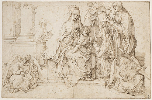 Albrecht Dürer, Vierge à l’Enfant entourée d’anges et de saints, 1521. Plume et encre brune. Chantilly, musée Condé, DE 889. ©RMN-Grand Palais Domaine de Chantilly-Gérard Blot.