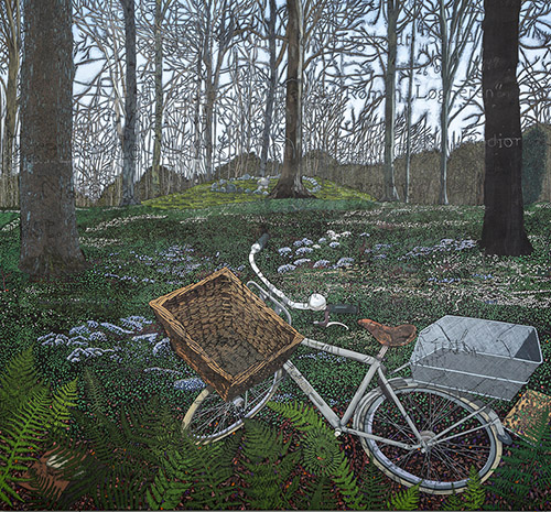 Jesper Christiansen, Op Alle De Ting (Martin A. Hansens cykeltur), 2019 – 2020. Acryl, skolekridt, farveblyanter, 2H blyant og gesso på hørlærred, 250 x 270 cm.