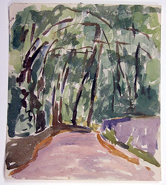 Alberto Giacometti, Route au bord de la forêt, c. 1918. Aquarelle et crayon graphite sur papier, 23,4 x 20,6 cm. Fondationn Giacometti  © Succession Alberto Giacometti / ADAGP, Paris 2022.