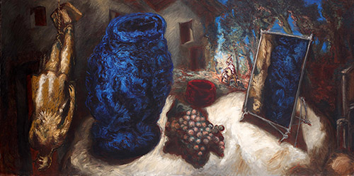 Gérard Garouste, Le Pendu, le vase et le miroir, 1985. Huile sur toile 250  × 500 cm. Ludwig Museum – Museum of Contemporary Art, Budapest. Photo © József Rosta/Ludwig.