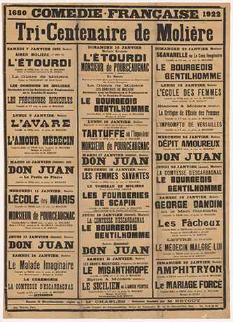 Affiche pour le Tricentenaire de Molière à la Comédie-Française, 1922. © BnF, département des Arts du Spectacle.