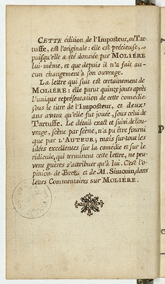 Molière, édition originale du Tartuffe, ou l’Imposteur. Paris, J. Ribou, 1669. © BnF, département des Arts du spectacle.