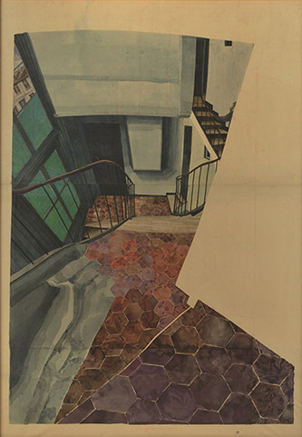 Szafran Sam (1934-2019), Sans titre (Escalier), Vers 1993, Aquarelle sur soie, 178 x 126,5. Collection particulière. © Sam Szafran, ADAGP, Paris, 2022.