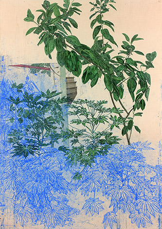 Szafran Sam (1934-2019), Végétation dans l'atelier, 1980. Aquarelle et pastel sur papier, 106,5 x 75 cm. Collection particulière. © Sam Szafran, ADAGP, Paris, 2022.