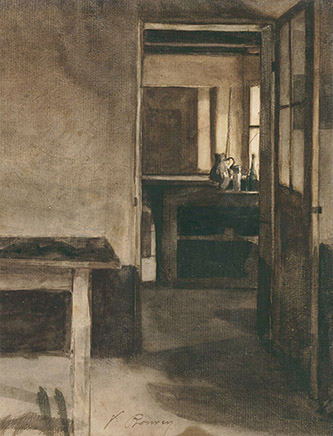 François Bonvin (1817-1887), Vue du comptoir de l’auberge de Vaugirard. Plume et encre brune, aquarelle. – 219 × 168 mm. New York, Collection particulière.