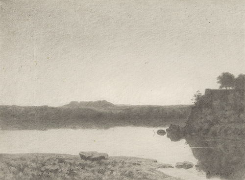 Auguste Cabuzel (1836 – 1909), Paysage avec un estuaire. Fusain et estompe sur papier vélin. – 214 × 274 mm. Fondation Custodia, Collection Frits Lugt, Paris, inv. 2020-T.22.