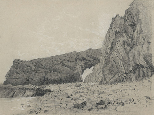 Lionel Le Couteux (1847 – 1909), Falaises de bord de mer. Pierre noire et rehauts de craie blanche sur papier gris-vert. – 393 × 524 mm. Fondation Custodia, Collection Frits Lugt, Paris, inv. 1992-T.24.