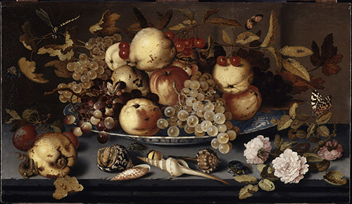 Balthasar van der Ast, Fruits et coquillages, 1623. Huile sur bois, H. 37 x L. 65 cm. Lille, palais des Beaux-Arts. © RMN-Grand Palais / René-Gabriel Ojeda.