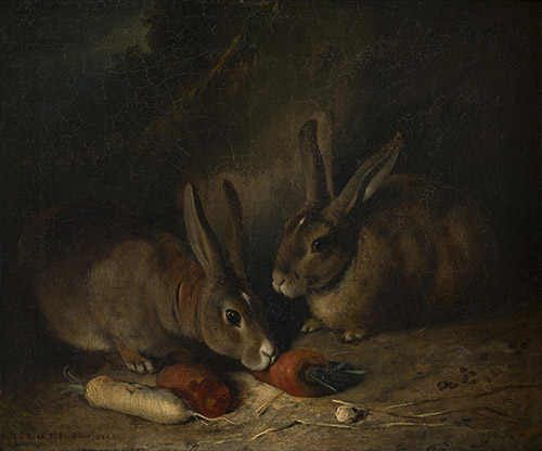 Rosa Bonheur (1822-1899), Deux lapins, 1840, Huile sur toile, 54 x 65 cm. Bordeaux, musée des Beaux-Arts, Legs de François Auguste Hippolyte Peyrol, 1930. © Mairie de Bordeaux, musée des Beaux-Arts, photo F.Deval.