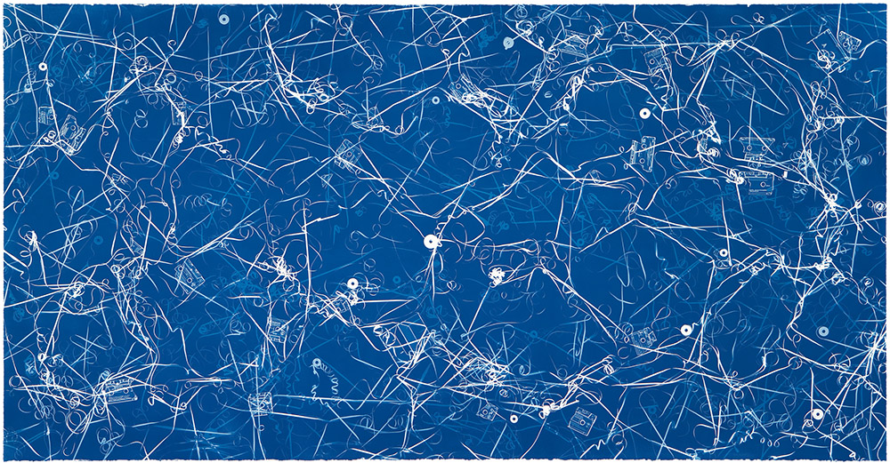 Christian Marclay, Allover (Céline Dion, Dvorak, Mozart, and Others), 2009. Cyanotype, 130,8 x 254 cm. Printer : Graphicstudio, University of South Florida, Tampa. Collection of Steven Johnson and Walter Sudol. Courtesy of Second Ward Foundation. © Christian Marclay. Photo courtesy Christian Marclay Studio.