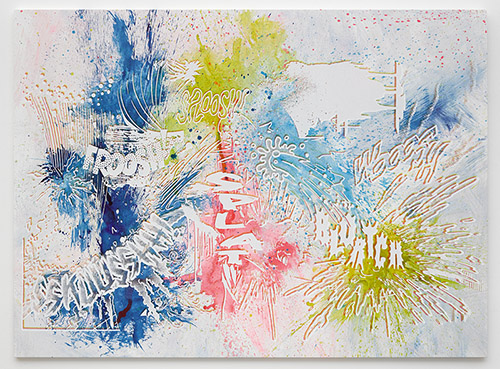 Christian Marclay, Actions: Froosh Sploosh Wooosh Sskuusshh, Splat, Blortch (No. 2), 2014. Encre sérigraphique sur peinture acrylique sur toile, 222,2 x 302,5 cm. Courtesy of the artist and White Cube. © Christian Marclay. Photo courtesy Christian Marclay Studio/Photo : White cube (George Darrell).