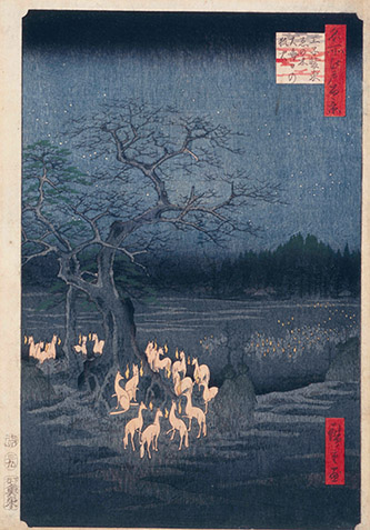 Utagawa Hiroshige, Cent vues célèbres d’Edo : Feux volants des renards sous l’Arbre aux Habits d’Ôji le dernier jour de l’année, 1857. collection du Edo-Tokyo Museum.