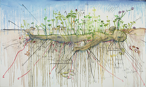 Fabrice Hyber, Homme de terre, 2022. Fusain, peinture à l’huile, pastel sur toile, 150 x 250 cm. Collection de l’artiste. © Fabrice Hyber / Adagp, Paris, 2022. Photo © Marc Domage.