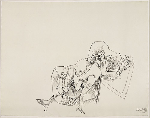 Pablo Picasso (1881-1973), Nu dans un fauteuil, Mougins, 3 octobre 1972. Plume et encre de Chine sur papier vélin, 59,3 × 76,2 cm. Musée national Picasso-Paris. Dation Pablo Picasso, 1979. MP1544.