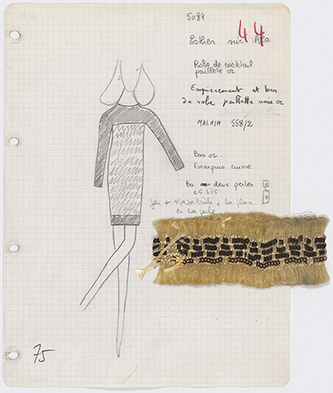 Fiche d’atelier dite « bible » d’une robe de soir court. Collection haute couture. Automne-hiver 1966. © Yves Saint Laurent.