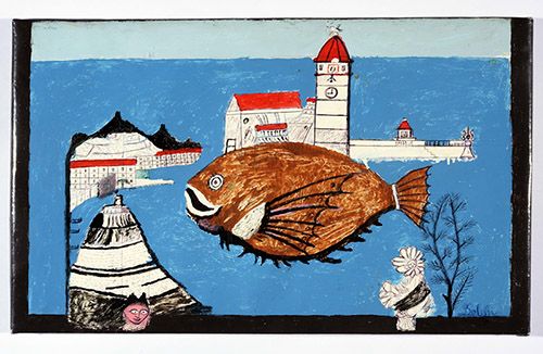 François Baloffi, Port de Collioure, non daté. Peinture acrylique sur sac d’engrais,33 x 55 x 2 cm. © Jean-François Hamon.