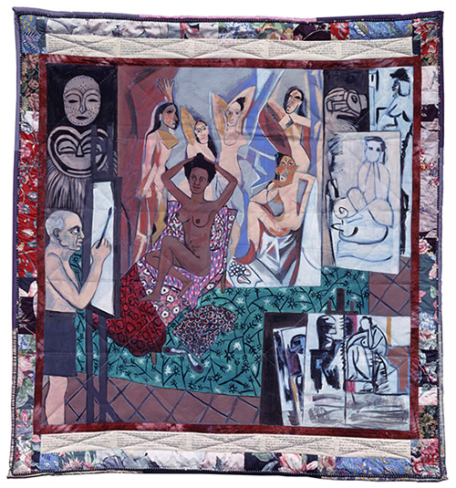 Faith Ringgold, Picasso’s Studio: The French Collection Part I, #7, 1991. Acrylique sur toile, tissus imprimé et teint, encre, 185,4 x 172,7 cm. Worcester Art Museum; Charlotte E. W. Buffington Fund. © Faith Ringgold / ARS, NY and DACS, London, courtesy ACA Galleries, New York 2022.