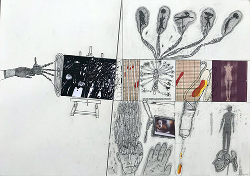 Eugenio Tellez, La difunta ceniza, 2021. Crayon graphite et photo sur papier fabriano,  81 x 116cm, photo Atelier Tellez.
