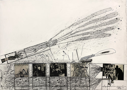 Eugenio Tellez, Alas de plomo, 2020. Crayon graphite, photo et kodalith sur papier fabriano,  81 x 116 cm, photo Atelier Tellez.