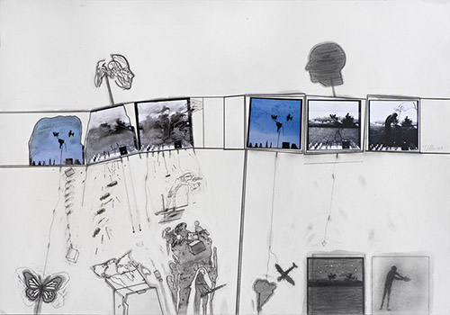 Eugenio Tellez, Pandora’s box, 2018. Crayon, graphite, photo sur papier fabriano, 81 x 116cm, photo Jorge Brantmayer.