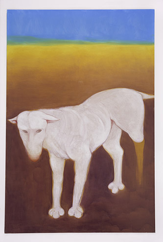 Miriam Cahn, denkender hund, 8.4.+14.5.21, 2021, oil on canvas, 300 x 200 cm , courtesy of the artist and galeries Jocelyn Wolff and Meyer Riegger, photo : François Doury.
