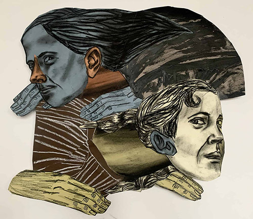 Susanna Inglada, Sans titre, 2022. Fusain acrylique et pastel sur papier coloré, collage, 50 x 65 cm. courtesy de l'artiste et de la Galerie Maurits van de Laar.