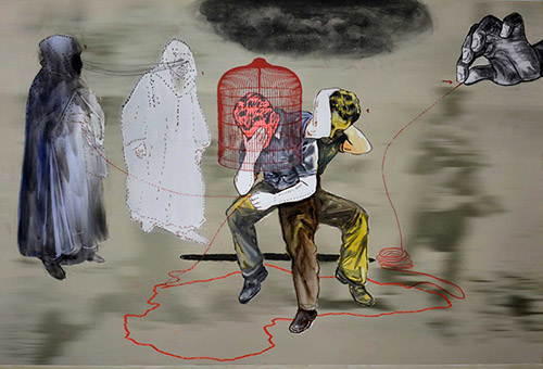 Mohamed Lekleti, Errance, 2022. Technique mixte sur papier, 75 x 110 cm, courtesy galerie Valérie Delaunay.
