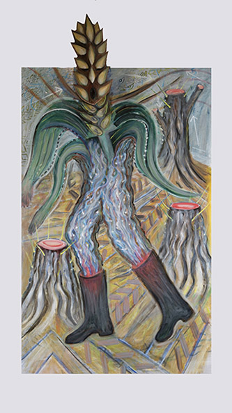 Mathilde Rosier, Marche en forêt au printemps, avec masque, 2021-2023. Huile sur toile et carton fort, 140 x 90 cm. Courtesy de l'artiste.