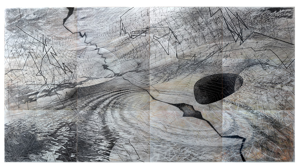 Pancho Quilici, Le grand plongeon, 2022-23, 12 parties, pastel et graphite sur papier, 210 x 400 cm.